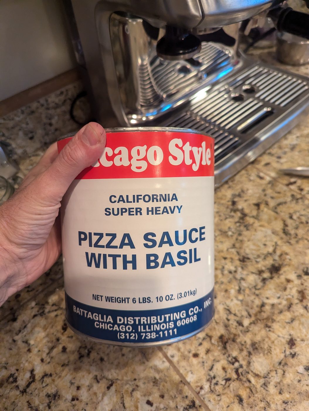 A large can of Battaglia Distributing Chicago Style Pizza Sauce with Basil